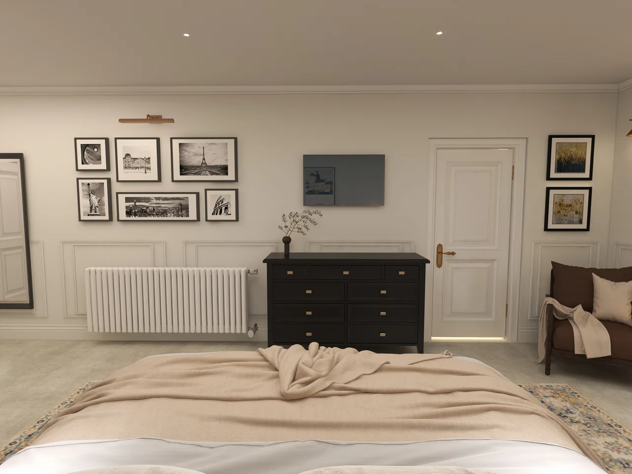 bedroom, black dresser, framed art, Bowmont Bedroom