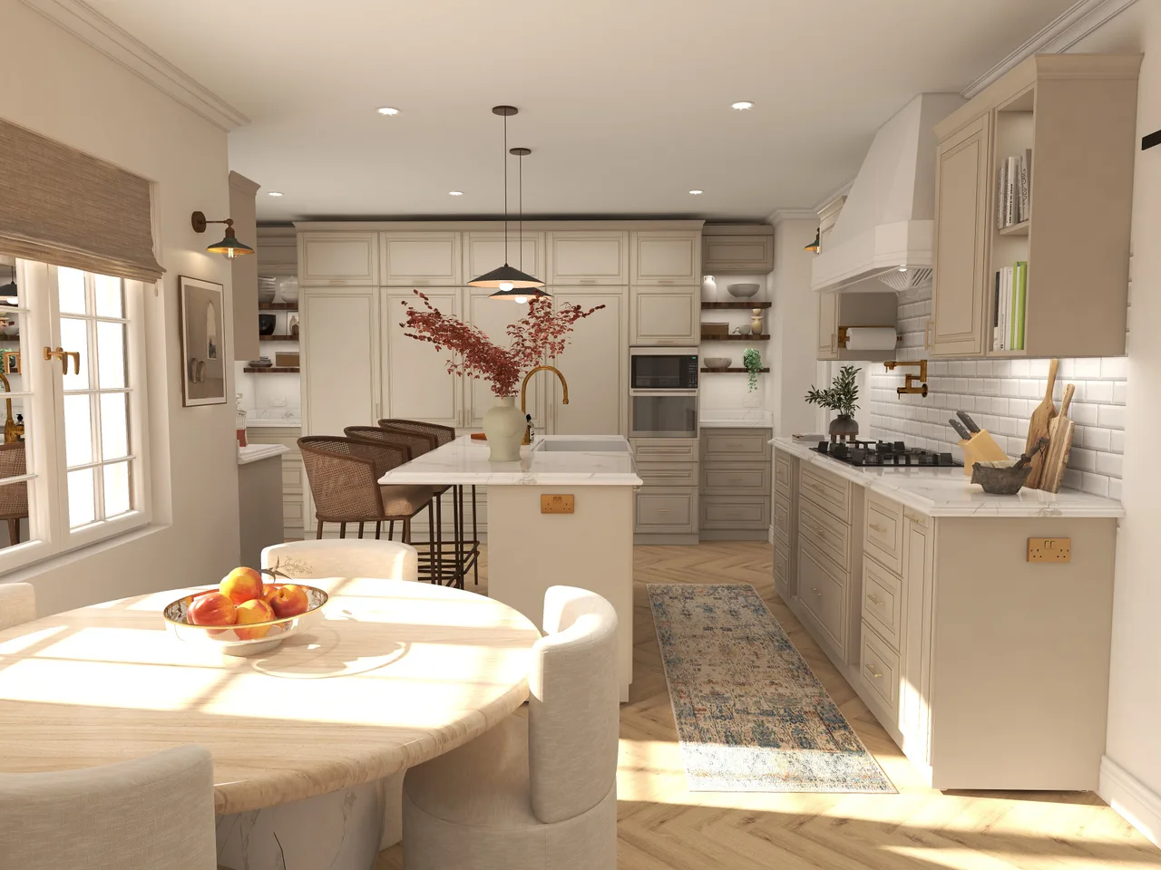 Juniper kitchen, cream round table, rattan chairs, Juniper Kitchen