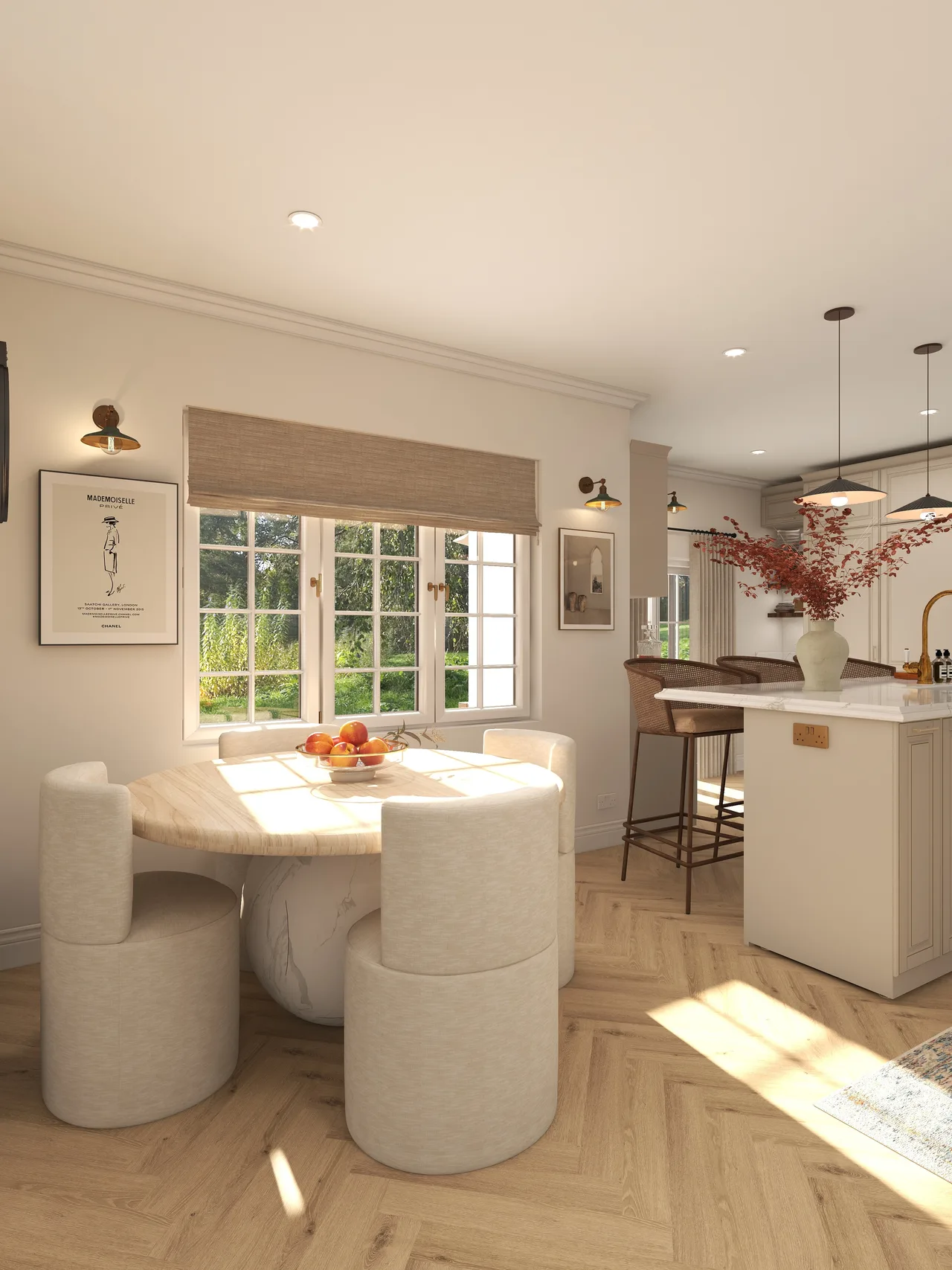 dining nook, windows, upholstered chairs, Juniper Kitchen