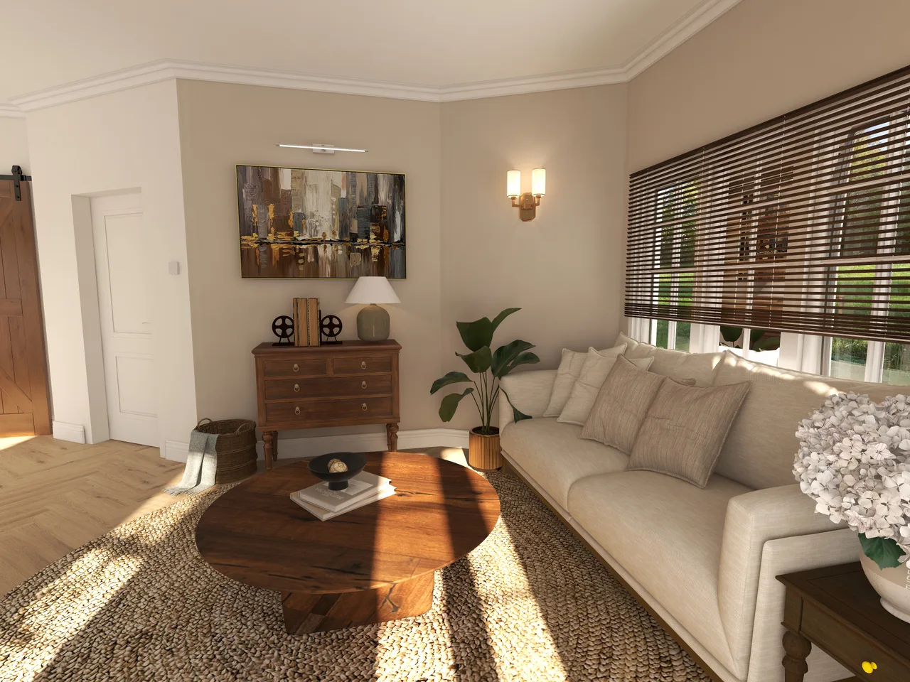 living room, fireplace, cozy sofa, warm light, Juniper Snug