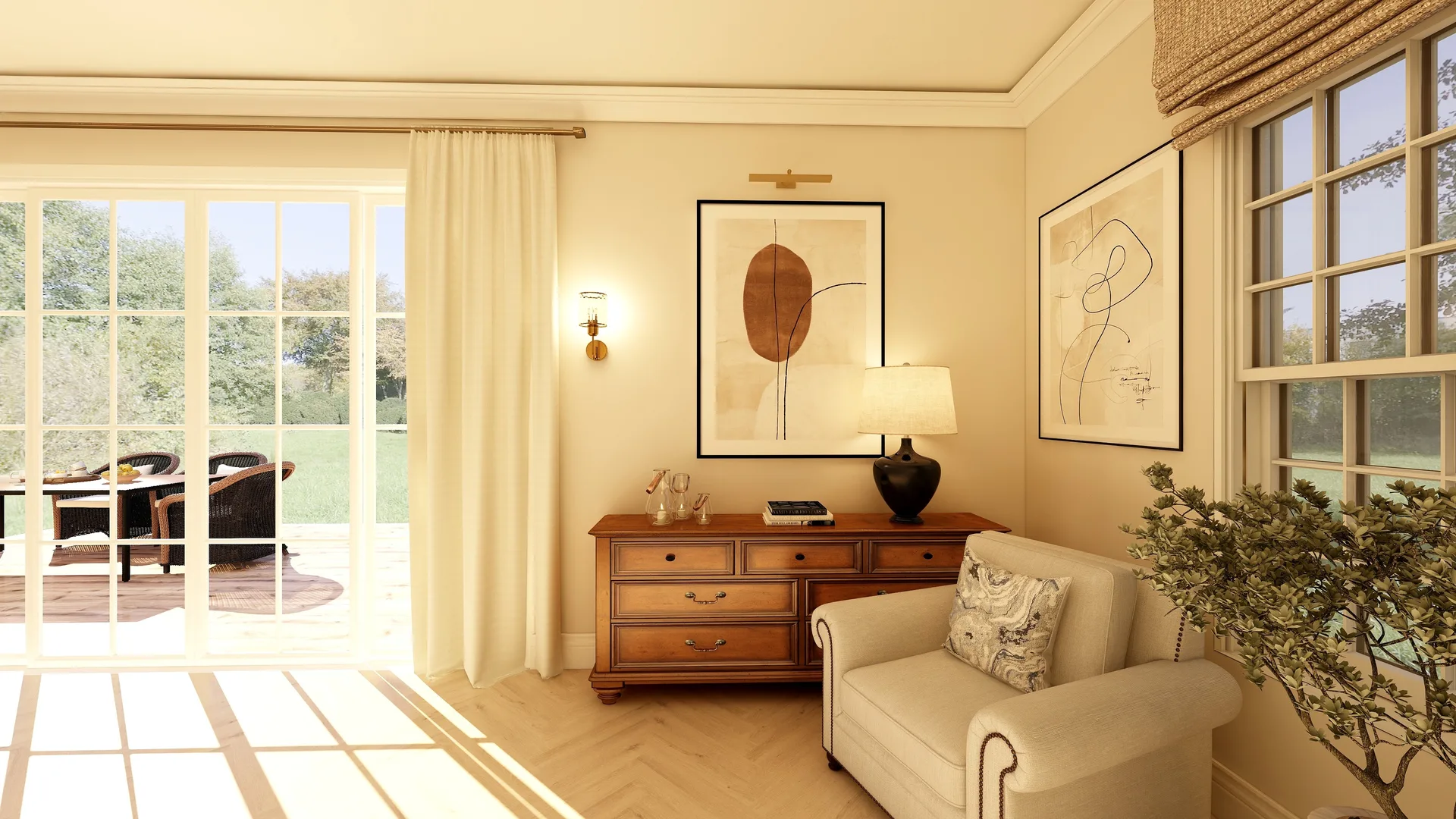 console/dresser vignette, lamp and books, Suffolk Kitchen | Living