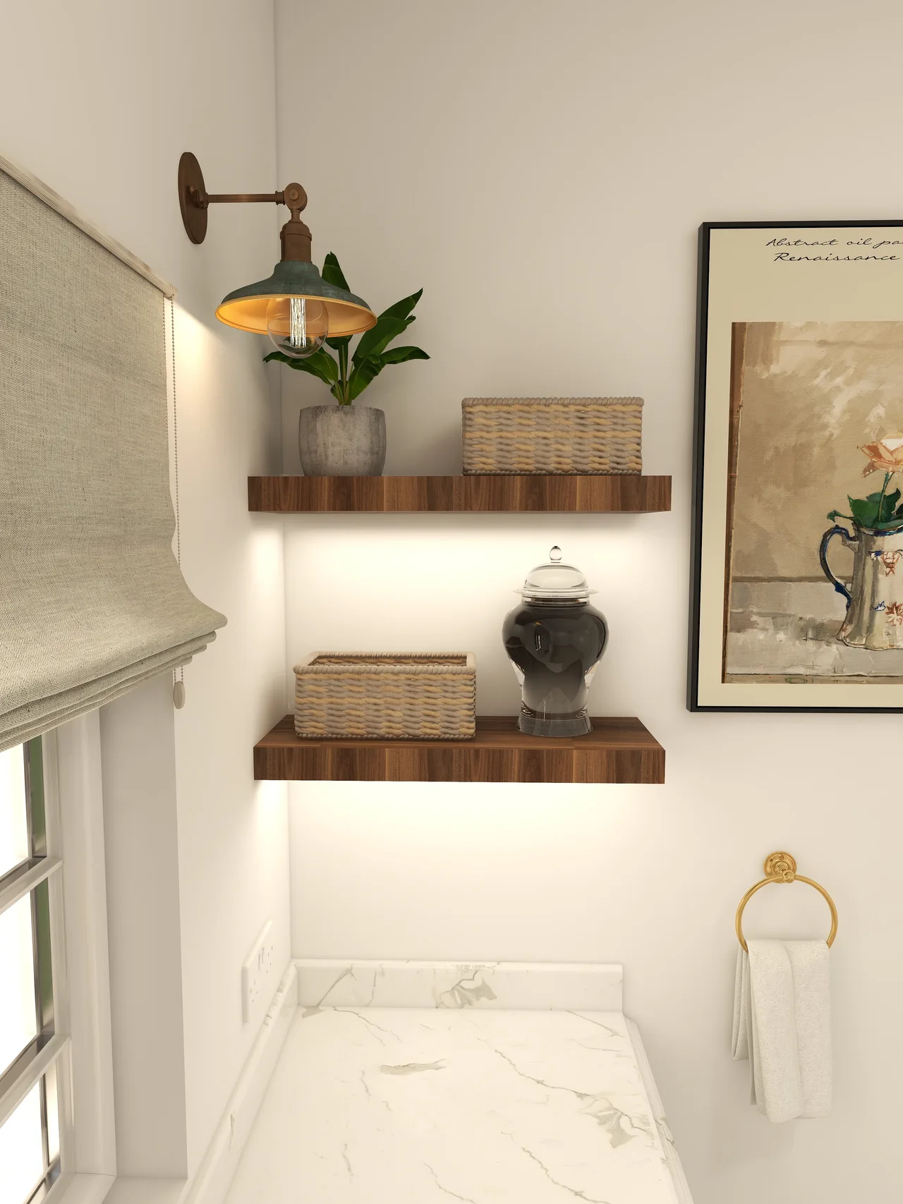 floating shelf, vase and basket styling, laundry detail, Juniper Laundry