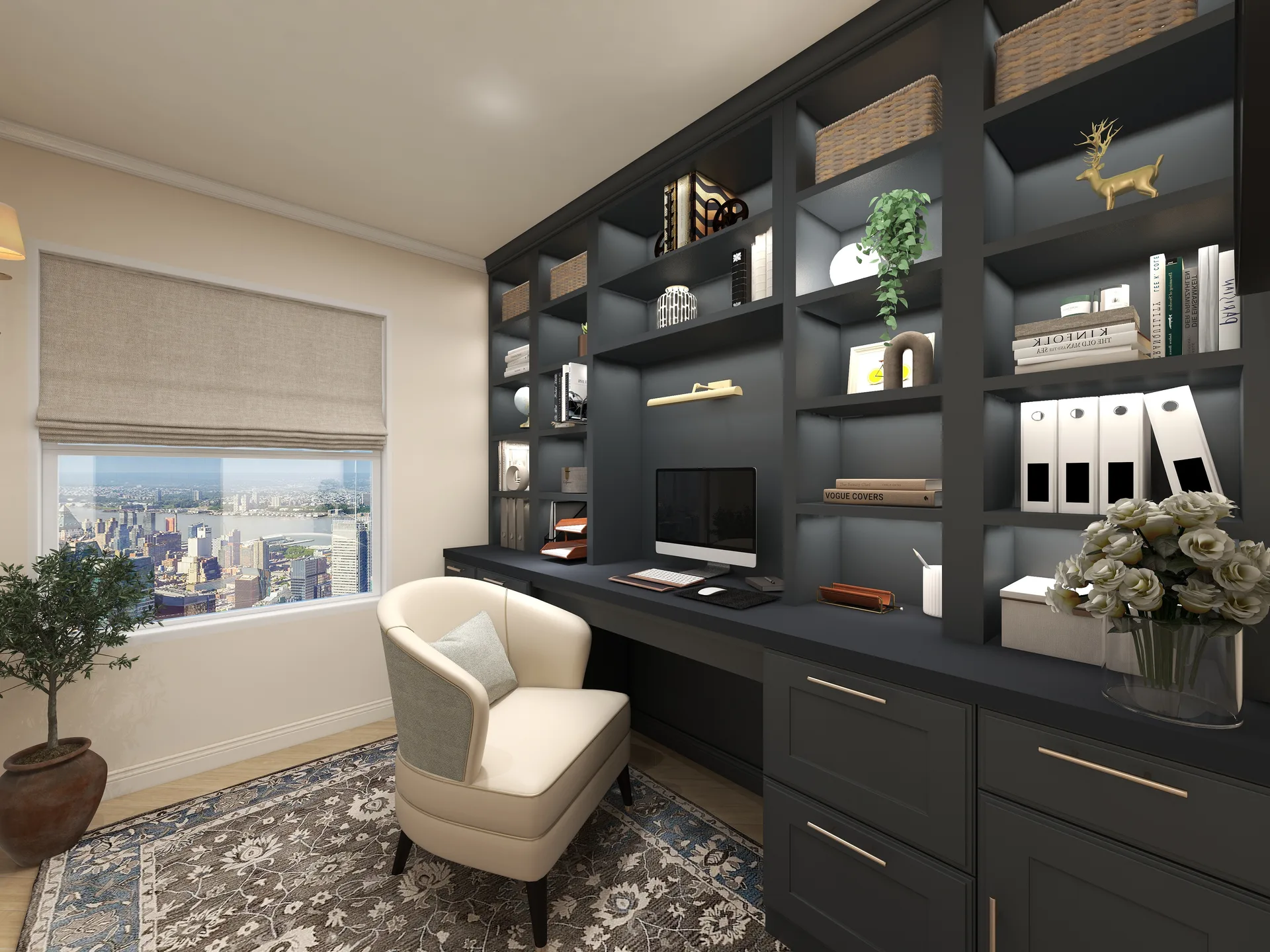 Richmond home office, dark built-ins, city view; similar to #36, Richmond Office